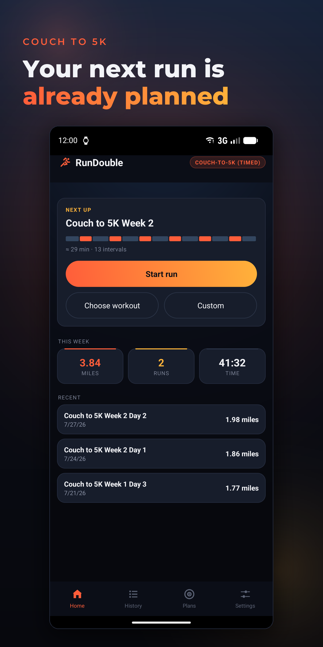 RunDouble home screen showing the next Couch to 5K workout