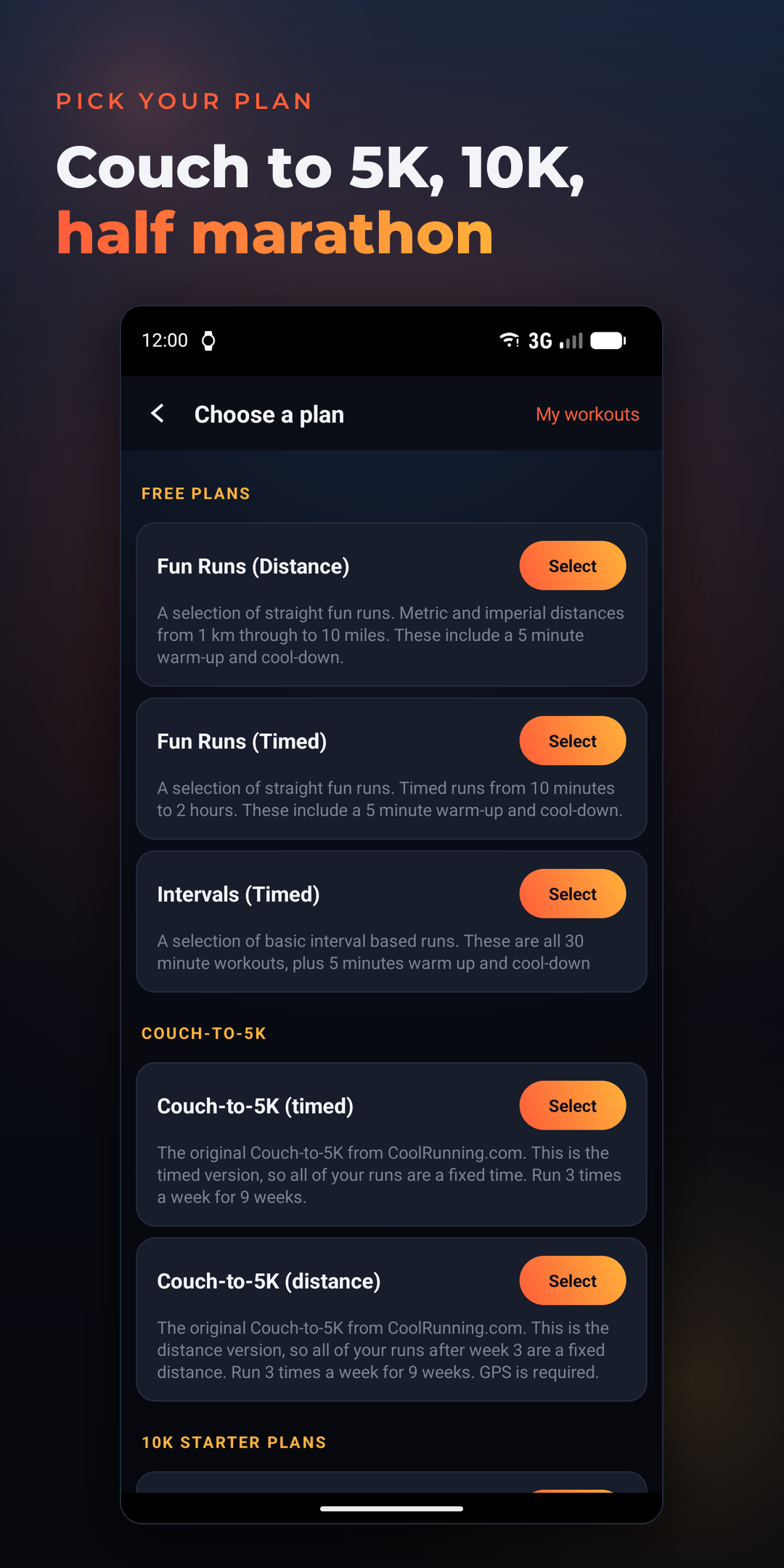 Training plan list from Couch to 5K to half marathon