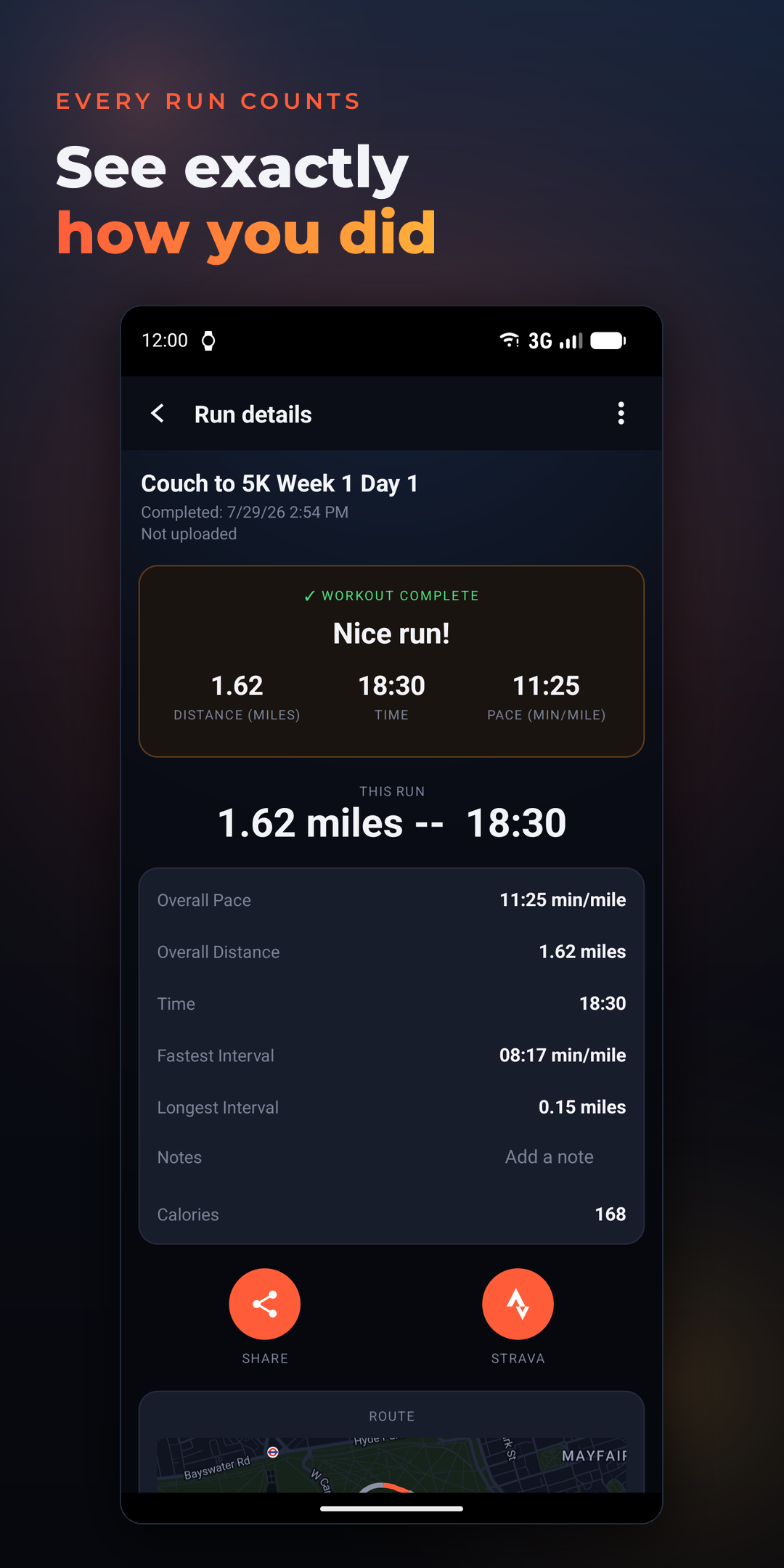 Completed run details with intervals and splits